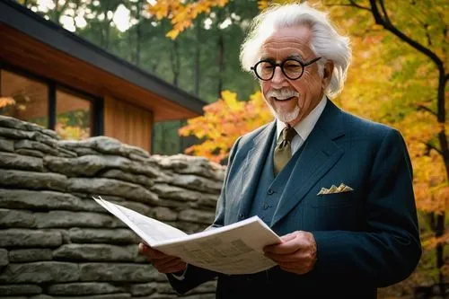 Frank Lloyd Wright, famous architect, standing, 60s, glasses, white hair, beard, suit, tie, holding blueprints, pen, smiling, proud, organic architecture style, curved lines, natural materials, stone 