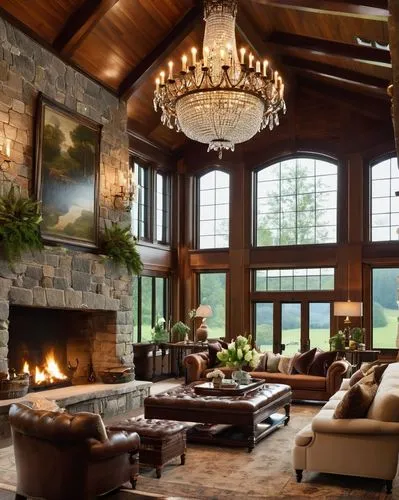 luxury home interior,family room,fireplaces,living room,beautiful home,fire place,great room,sitting room,livingroom,fireplace,home interior,the cabin in the mountains,interior decor,log home,interior design,sunroom,chalet,luxury home,wooden beams,breakfast room,Illustration,American Style,American Style 04