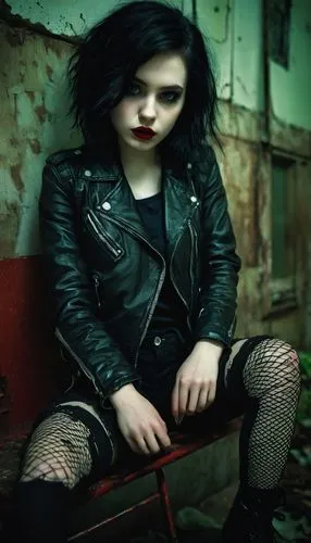 Creepy girl, solo, (18yo), pale skin, dark circles under eyes, messy black hair, bold eyeliner, red lipstick, ripped fishnet stockings, black leather jacket, torn denim shorts, chunky combat boots, ho