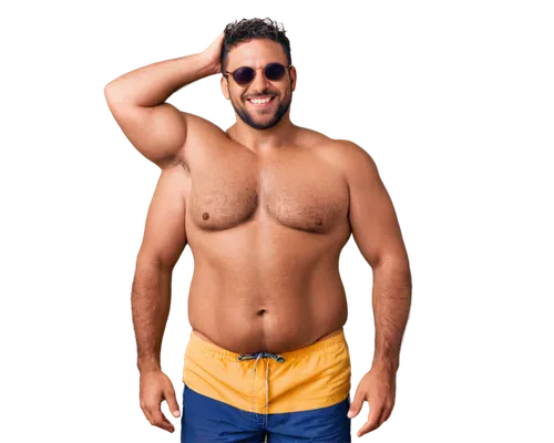 Muscular man, overweight, bathing suit, sunglasses, messy hair, beard, smiling face, relaxed posture, hands on hips, standing, beach setting implied, warm sunlight, 3/4 composition, shallow depth of f