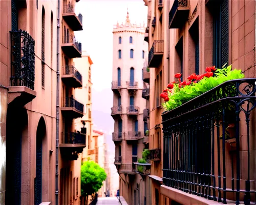 Barcelona cityscape, La Sagrada Familia, Gothic Quarter, narrow streets, ornate buildings, balconies with flowers, wrought iron railings, ceramic tiles, morning sunlight, warm color tone, shallow dept