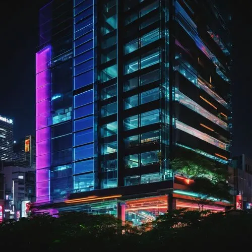 Contemporary, modern architecture, skyscraper, urban landscape, cityscape, sleek lines, minimalist design, glass facade, steel frame, rooftop garden, futuristic feel, neon lights, nighttime scene, Tok