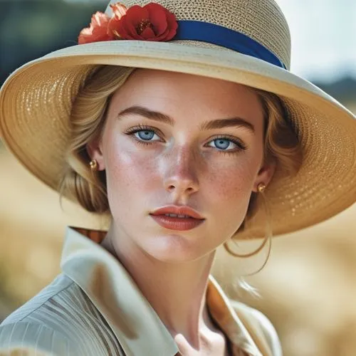 Close-up portrait of a young woman with striking features, displaying a thoughtful or introspective expression. Her face is highlighted by bright blue eyes, red lipstick, and delicate freckles dusting