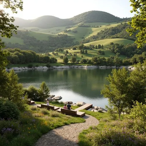 Rolling hills, lush greenery, serene lakeside, wooden docks, rustic benches, meandering pathways, blooming wildflowers, soft warm lighting, gentle breeze, 3/4 composition, panoramic view, realistic te