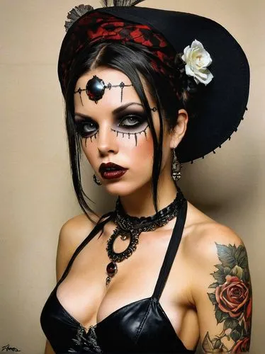 catrina calavera,rasputina,viveros,voodoo woman,tattoo girl,catrina,goth woman,gothic woman,la catrina,chicana,la calavera catrina,steampunk,deathrock,painted lady,black rose,demoness,countess,queen of hearts,victorian lady,vampire woman,Illustration,Realistic Fantasy,Realistic Fantasy 10