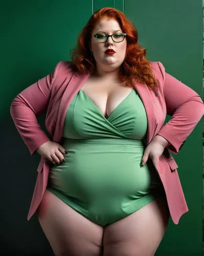 A large obese female. Big belly. Big chest 32 years old Red-haired woman in a strict suit. glasses green lipstick, green eyes shadow,plus-size model,plus-size,plus-sized,gordita,keto,fat,woman eating 