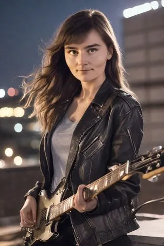 rudderless,guitar,wilkenfeld,electric guitar,hande,bareilles,haim,versaemerge,vaanii,guitar player,leather jacket,burcu,playing the guitar,singular,stratocaster,derya,negin,naina,amaia,lead guitarist,Photography,Realistic