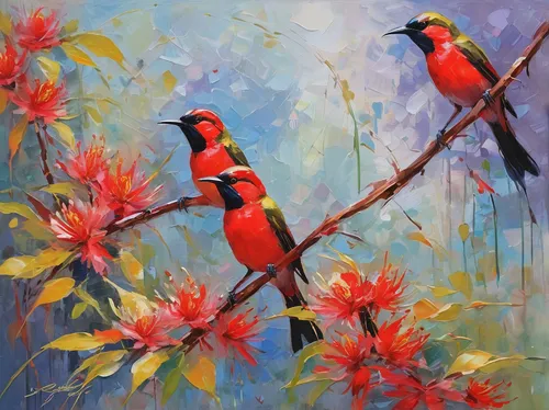 colorful birds,tropical birds,birds on a branch,passerine parrots,scarlet honeyeater,birds on branch,hummingbirds,songbirds,bird painting,humming birds,rosella,parrots,cardinals,group of birds,garden birds,wild birds,finches,rare parrots,golden parakeets,robins in a winter garden,Conceptual Art,Oil color,Oil Color 10