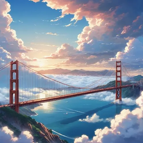 an instagram photo of clouds and the golden gate bridge in San Francisco, California, anime clouds, beautifull puffy clouds. anime, beautiful anime scenery, anime landscape, anime scenery, anime lands