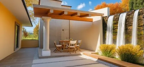 WATERFALL WALL WITH STONE,the front patio has water falling down from the falls,landscape designers sydney,landscape design sydney,passivhaus,garden design sydney,vivienda,bamboo curtain