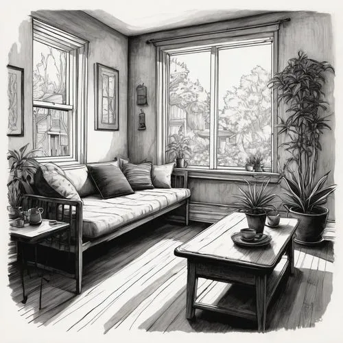 sunroom,livingroom,sitting room,living room,houseplants,apartment lounge,Illustration,Black and White,Black and White 01