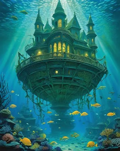 house of the sea,under sea,underwater playground,sunken church,aquarium,sea fantasy,under the sea,undersea,underwater landscape,underwater world,sunken ship,ocean underwater,atlantis,underwater background,water castle,the bottom of the sea,cube sea,underwater oasis,bottom of the sea,waterglobe,Art,Artistic Painting,Artistic Painting 47