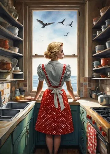 girl in the kitchen,heatherley,girl with bread-and-butter,pantry,waitress,woman holding pie,Illustration,Realistic Fantasy,Realistic Fantasy 05