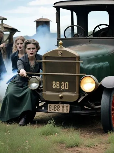 The Ford (Model T) chugs through a Texan landscape, its dark green exterior reflecting the bright sunlight. Mrs. Mayer is at the center of the action. The intricate details of the old car impress the 