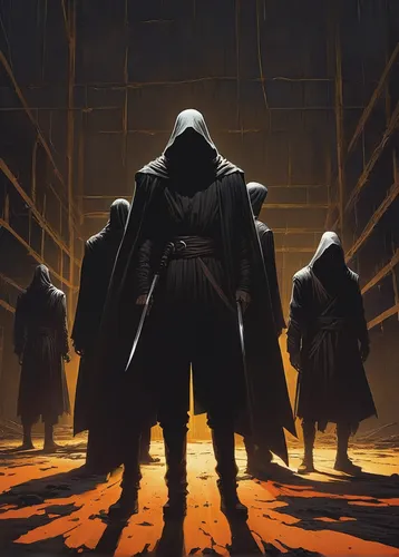 monks,hooded man,guards of the canyon,scythe,assassins,prejmer,massively multiplayer online role-playing game,game illustration,pilgrims,assassin,orange robes,cloak,cg artwork,swordsmen,hall of the fallen,concept art,the wanderer,sci fiction illustration,heroic fantasy,would a background,Conceptual Art,Oil color,Oil Color 16