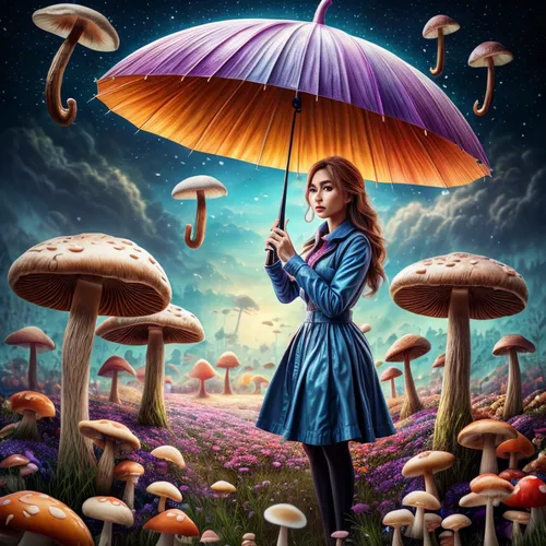 alice in wonderland,little girl with umbrella,mushroom landscape,fantasy picture,umbrella mushrooms,parasols,blue mushroom,agaric,wonderland,psychedelic art,parasol,alice,umbrellas,sci fiction illustr