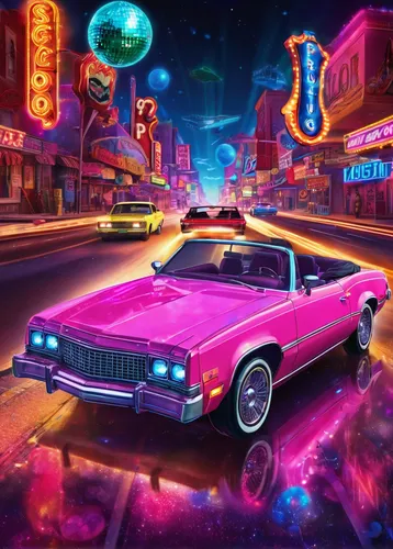 chevrolet impala,pink car,cadillac eldorado,80s,retro car,chevrolet el camino,car hop,pontiac ventura,chevrolet malibu,neon candies,buick century,pontiac tempest,cadillac,neon cocktails,buick gran sport,buick lesabre,buick y-job,chevrolet opala,3d car wallpaper,retro diner,Illustration,Realistic Fantasy,Realistic Fantasy 38