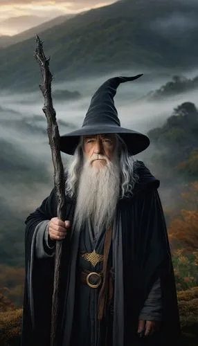 Gandalf, wizard, solo, (old man), long white beard, wise eyes, silver hair, pointed hat, staff, black cloak, golden embroidery, mystical aura, ancient tomes, misty forest, twilight, mist rolling over 