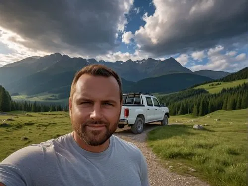 the man is taking a selfie in front of his car,kananaskis,camper van isolated,vw van,vanagon,vanlife,canadian rockies,Photography,General,Realistic