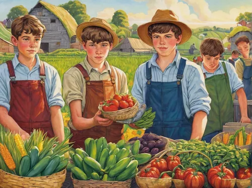 As the annual farmer's fair approaches, a group of boys diligently prepare their prized crops, hoping to win the coveted title of 'Best Farmer'.,farm workers,picking vegetables in early spring,farmer'