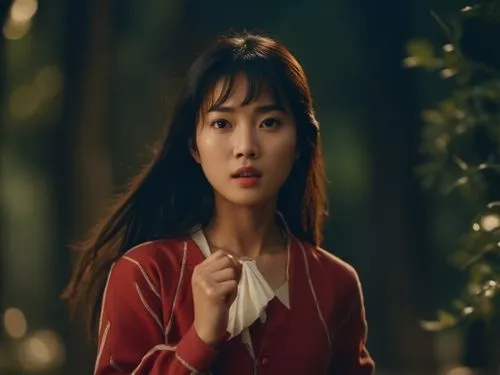 a young woman with a red jacket holding a napkin in her hand,handmaiden,korean drama,yunjin,xiaoqing,yangmei,xiaoxi,Photography,General,Cinematic