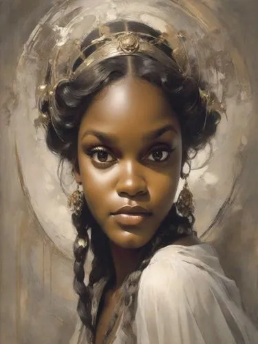 mystical portrait of a girl,fantasy portrait,african american woman,african woman,fantasy art,portrait of a girl,oil painting on canvas,girl portrait,black woman,beautiful african american women,african art,oil painting,young lady,afro american girls,priestess,young woman,romantic portrait,nigeria woman,baroque angel,princess leia