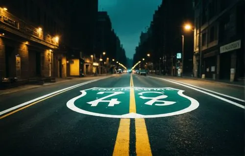 a po of a city street with buildings and the end of the road at night,green light,bicycle lane,greenlights,bicycle path,road marking,go left or right