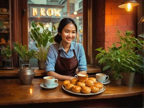 woman at cafe,bánh bao,women at cafe,pastries,popover,hanoi,egg tart,girl with bread-and-butter,establishing a business,sweet pastries,vietnamese woman,fika,pastry chef,barista,cha siu bao,bánh ướt,restaurants online,vietnamese cuisine,chicken bao,woman drinking coffee,Illustration,Abstract Fantasy,Abstract Fantasy 17