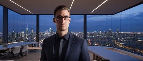 Architectural lighting designer, male, 30s, bespectacled, short hair, formal attire, standing, confident pose, modern office building, cityscape background, floor-to-ceiling windows, sleek lines, mini