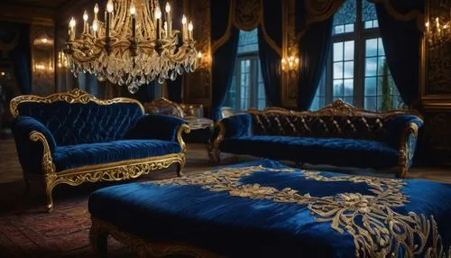 ornate room,blue room,royal interior,napoleon iii style,royal blue,royal,the throne,damask,luxury decay,mazarine blue,chaise lounge,four poster,rococo,catherine's palace,royal lace,upholstery,versailles,luxurious,four-poster,wing chair,Illustration,Abstract Fantasy,Abstract Fantasy 12