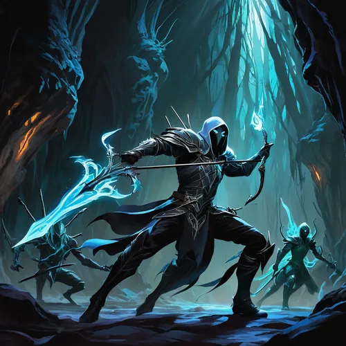 dark elf,massively multiplayer online role-playing game,blue enchantress,grimm reaper,game illustration,dane axe,heroic fantasy,runes,guards of the canyon,the blue caves,merfolk,swordsmen,cg artwork,summoner,paysandisia archon,blue cave,hall of the fallen,kadala,the collector,vidraru,Conceptual Art,Oil color,Oil Color 24