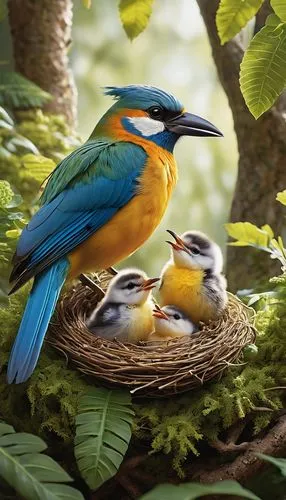 in the mother's plumage,colorful birds,baby bluebirds,nestling,tropical birds,robin's nest,parents and chicks,alcedo atthis,harmonious family,spring nest,bird couple,breeding bird,nesting,nesting place,blue-capped motmot,bird eggs,beautiful bird,parent,parrot couple,cape weavers,Photography,General,Realistic