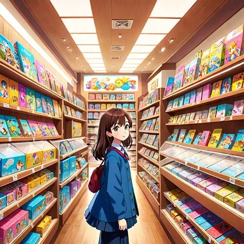 angelique and gabrielle in a toys store in tokyo,an anime girl standing in front of a store with shelves,haruhi suzumiya sos brigade,suzumiya,book store,bookstore,kumiko,haruhi,Anime,Anime,Traditional