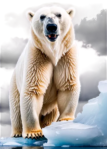 Polar bear, standing on melting iceberg, worried expression, fur blowing in wind, ice chunks floating in background, warm lighting, cinematic composition, shallow depth of field, dramatic clouds, 3/4 