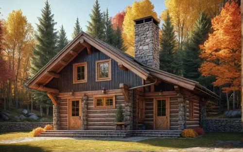 a painting of a cabin with a brick chimney,log cabin,the cabin in the mountains,small cabin,log home,wooden house,country cottage,Photography,General,Natural