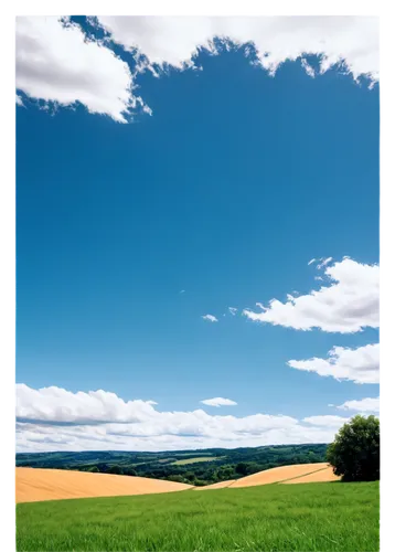 Field backgrounds, green grass, sunny day, clear blue sky, fluffy white clouds, rolling hills, distant trees, soft focus, warm color tone, cinematic composition, panoramic view, shallow depth of field