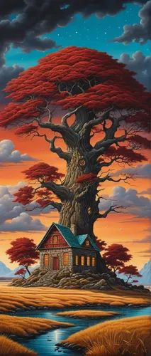 mushroom landscape,tree house,tangerine tree,surrealism,arizona cypress,red tree,isolated tree,burning tree trunk,lone tree,celtic tree,the japanese tree,magic tree,treehouse,tree of life,dragon tree,home landscape,witch's house,painted tree,the roots of trees,red juniper