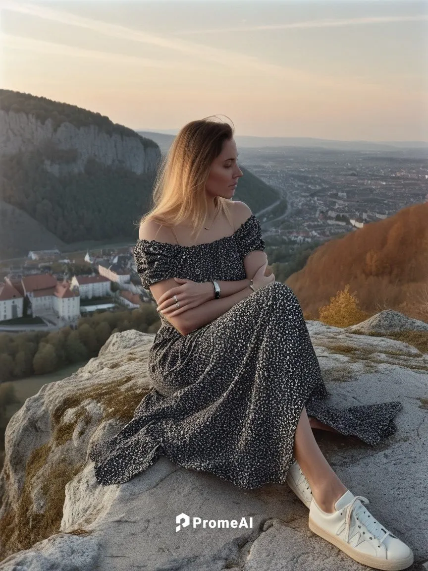 a foreign woman in white trainers on the Burgstein rock high above Unterhausen.,a woman sitting on a rock overlooking the town,piatra,mikulov,medjugorje,biljana,idrija,livno,Photography,Documentary Ph