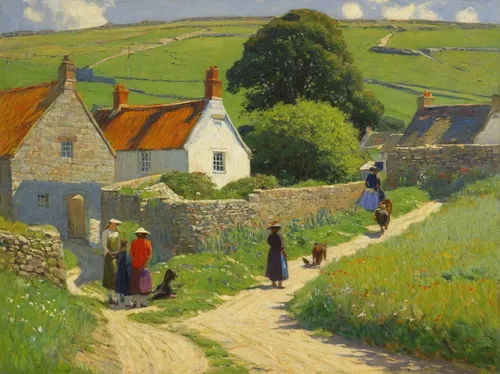 village scene,cottages,village life,breton,rural landscape,dorset,villagers,shaftesbury,farm landscape,francis barlow,grant wood,george russell,village street,brixlegg,exmoor,villages,olle gill,lane,pilgrims,escher village,Illustration,Japanese style,Japanese Style 11