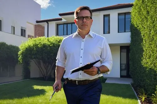 middle-aged man, residential architectural engineer, standing, confident posture, black framed glasses, short brown hair, clean-shaven face, white dress shirt, dark blue trousers, black leather belt, 