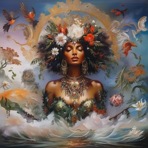 mother earth,mother nature,mystical portrait of a girl,girl in a wreath,kahila garland-lily,girl in flowers,spring equinox,shamanic,west indian jasmine,wreath of flowers,abundance,pachamama,flora,fantasy art,fantasy portrait,sacred art,orange blossom,polynesian girl,african american woman,oil painting on canvas,Illustration,Paper based,Paper Based 04