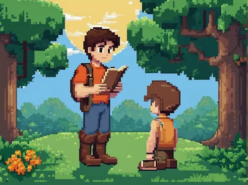 pixel art,adventure game,child with a book,children studying,game illustration,villagers,farmer in the woods,game art,dad and son outside,tutoring,magical adventure,forest workers,readers,kids illustration,autumn frame,forest walk,two oaks,wander,pines,children learning,Unique,Pixel,Pixel 01