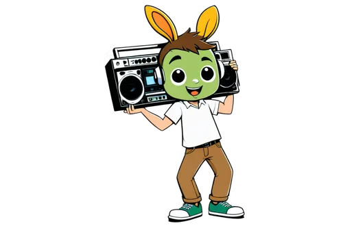 funny cartoon character, solo, green skin, big ears, wide eyes, smiling face, holding a boombox, playing fart sound effects, brown pants, white shirt, black shoes, dynamic pose, low-angle shot, warm l