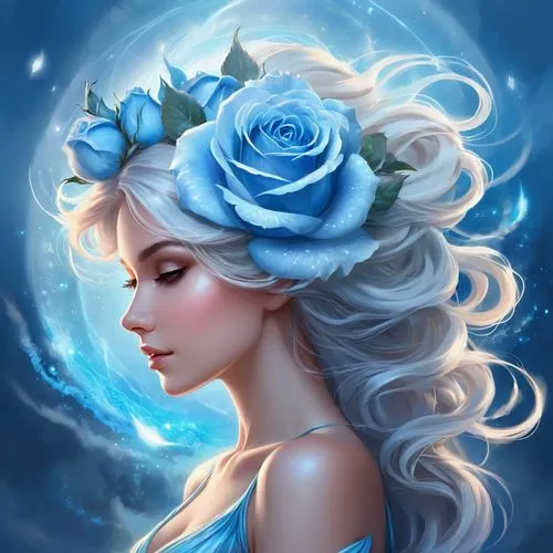 white rose snow queen,blue moon rose,blue rose,moonflower,fantasy portrait,blue enchantress,the snow queen,zodiac sign libra,rosa 'the fairy,the zodiac sign pisces,porcelain rose,water rose,fairy queen,elven flower,elsa,horoscope libra,rose flower illustration,ice queen,winter rose,white rose,Illustration,Realistic Fantasy,Realistic Fantasy 01