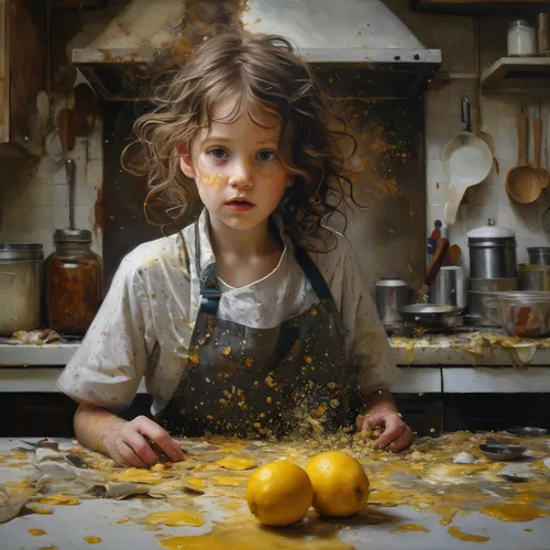 Create a suspenseful narrative in a messy kitchen with mysterious ingredients.,girl in the kitchen,egg yolks,painting eggs,girl with bread-and-butter,lemon peel,mess in the kitchen,dried-lemon,lemons,