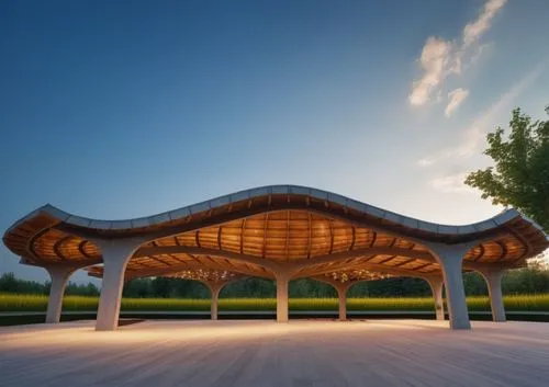 amphitheater,wood structure,pavilion,pergola,wooden roof,outdoor structure,bandstand,gazebo,benches,dupage opera theatre,open air theatre,folding roof,tempodrom,wooden bench,roof structures,archidaily,equestrian center,outdoor bench,pop up gazebo,three centered arch,Photography,General,Realistic