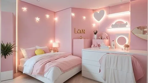 Girls' bedroom
Bright colors, pastel pink and white, minimal style
Light gray wooden floor
Light pink walls 
Pink, white, lemon and pink bedspread with fancy bear cushions
The name of the girl Geneva 