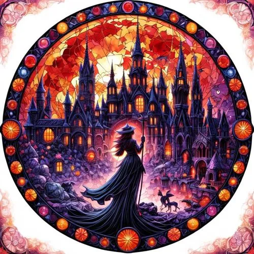 a drawing of a girl holding a sculd with witch's castle on it,collodi,frollo,samhain,phantasmagoria,schierstein,magicienne