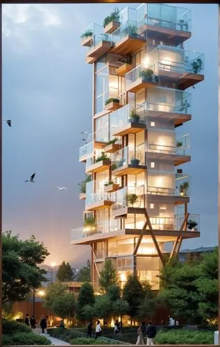 a tower that has some glass balconies on the side,bird tower,visalakshi,residential tower,the energy tower,animal tower,multistorey,Photography,General,Realistic