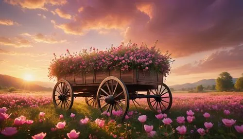 flower cart,flowers in wheel barrel,flower car,splendor of flowers,flower background,flower in sunset,Photography,General,Cinematic